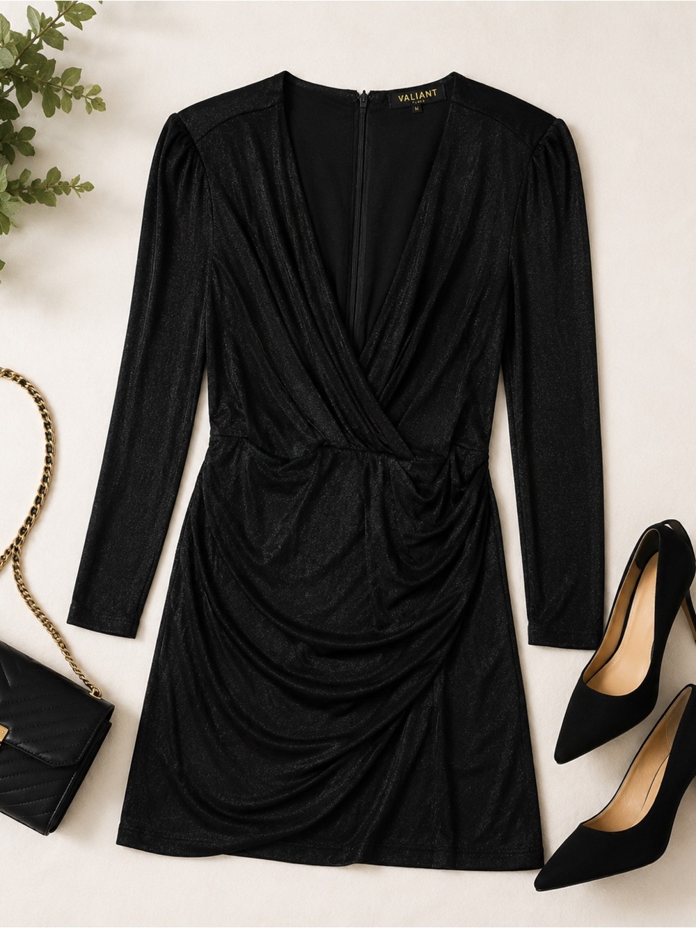 Valiant Paris Black Ruched Deep V Padded Shoulder Mini Dress Size M uhh